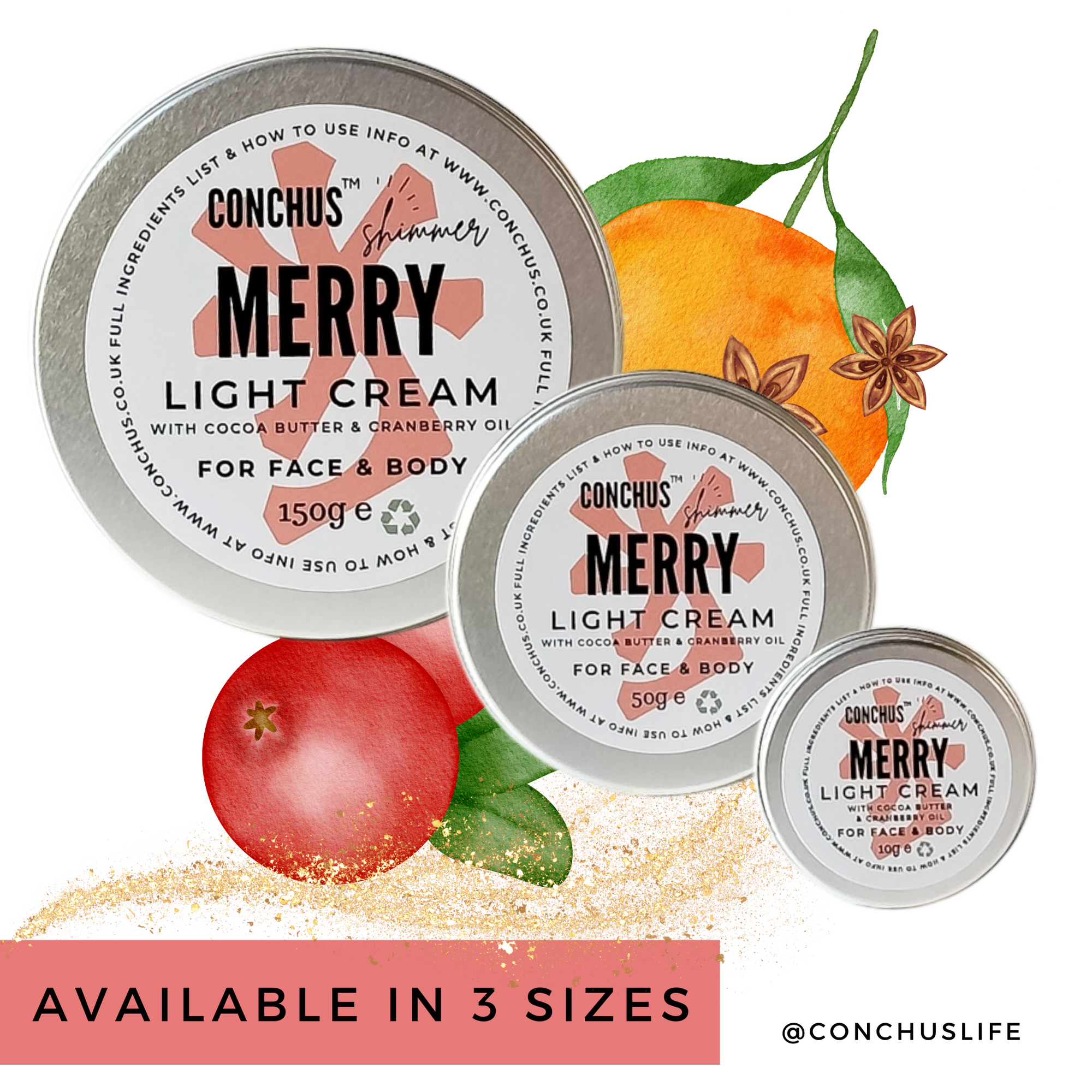 Three sizes of CONCHUS MERRY Light Cream Shimmer displayed with festive botanical illustrations.