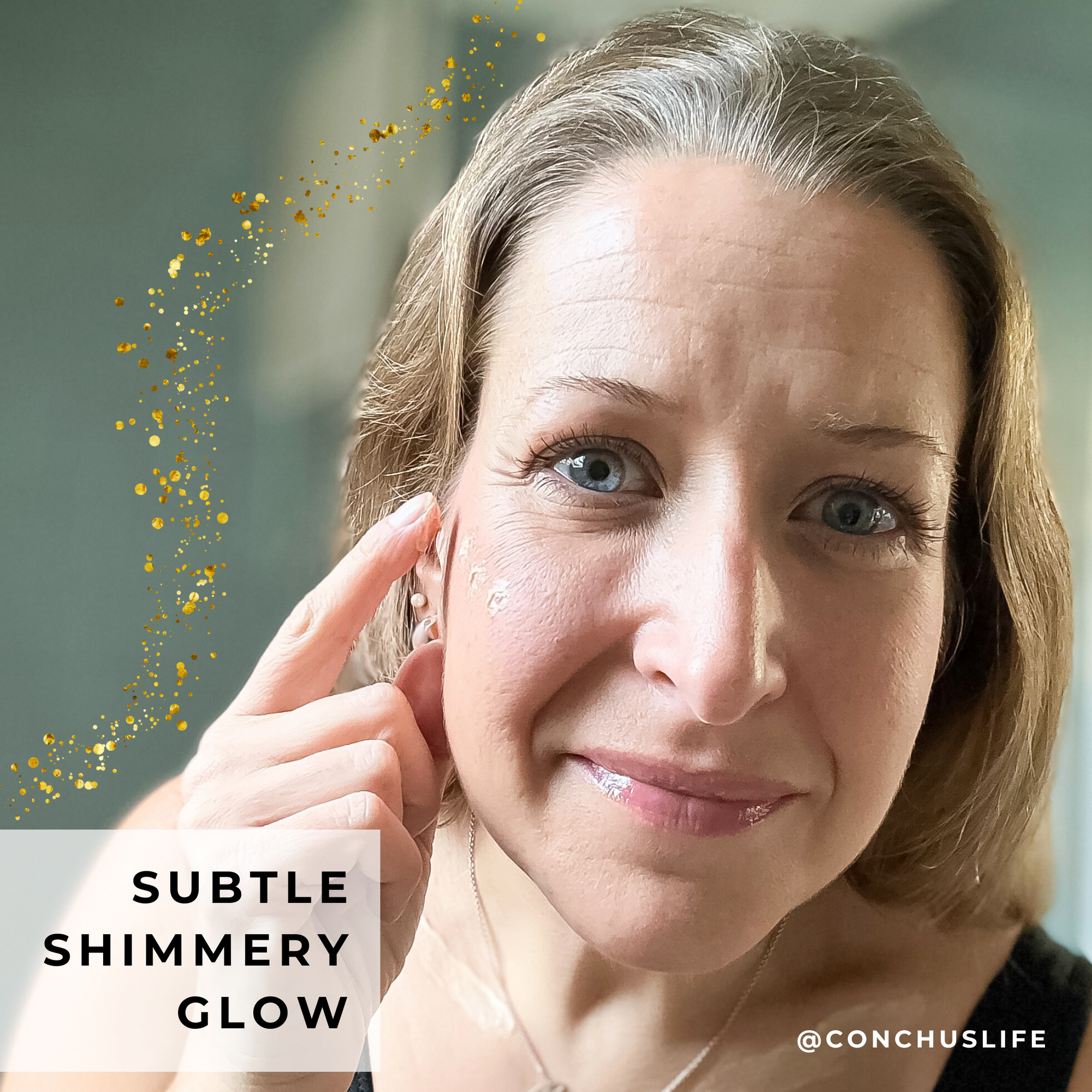 Person using CONCHUS MERRY Light Cream Shimmer on face for soft golden radiance.