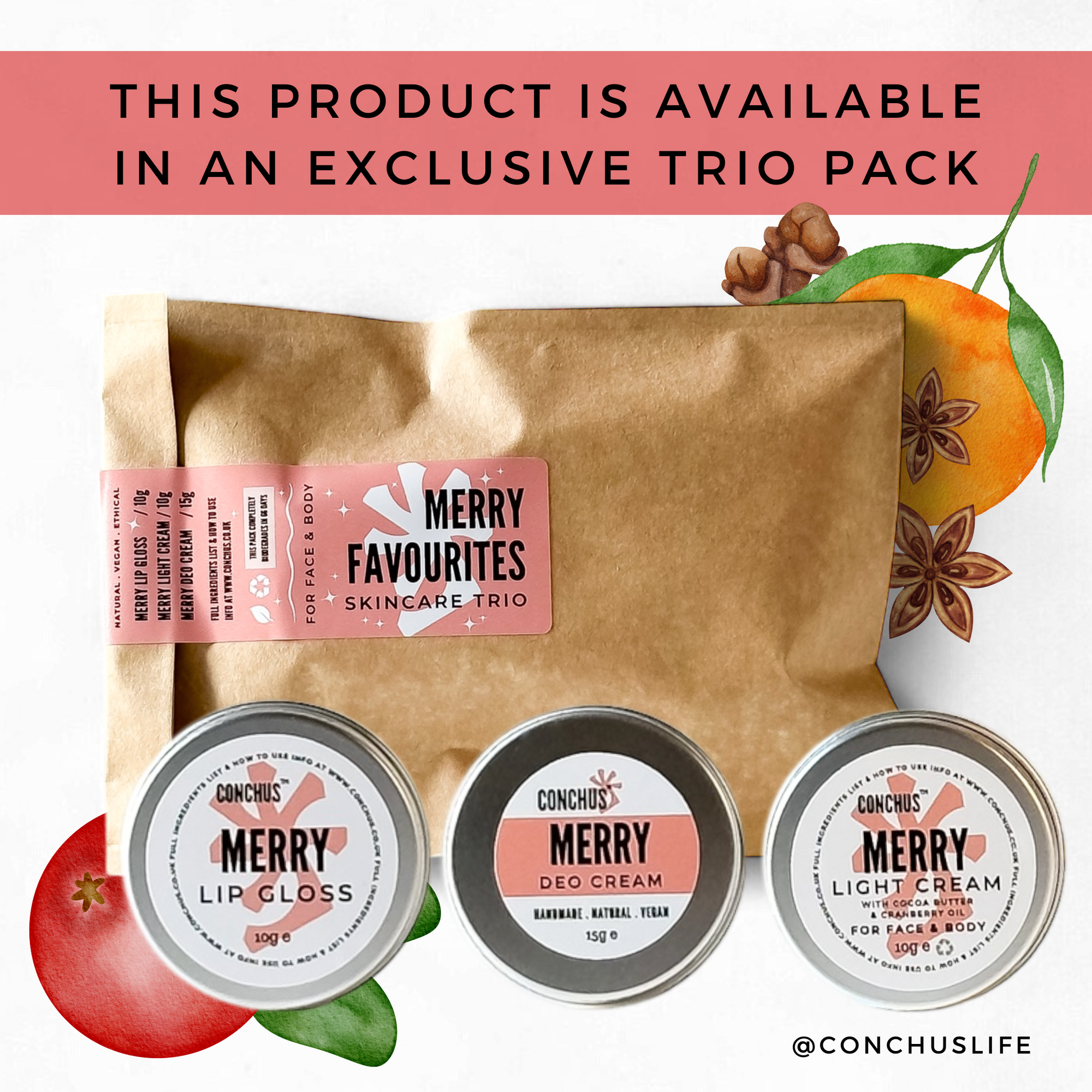 CONCHUS MERRY Deo Cream featured in festive natural skincare trio gift pack.