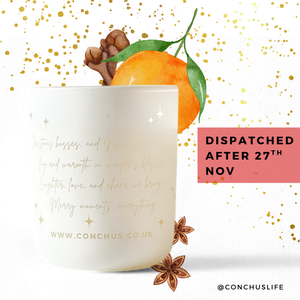 CONCHUS MERRY Botanical Candle in white etched vessel with orange and star anise illustrations and dispatch note