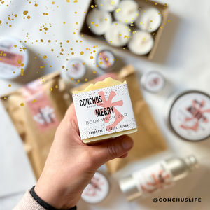 Close-up of MERRY natural body wash bar showing clay texture and colour