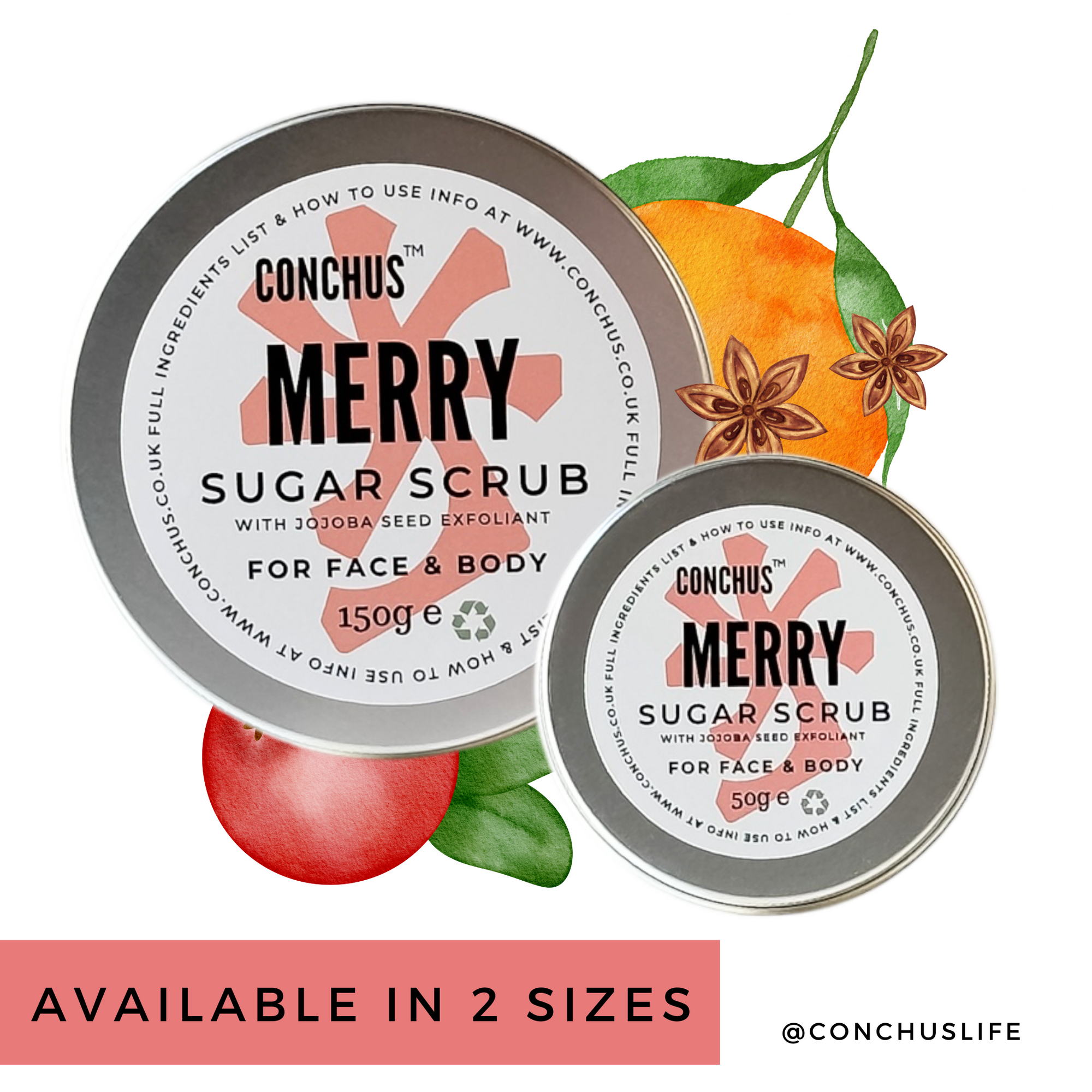 Two sizes of CONCHUS MERRY Sugar Scrub tins displayed with festive botanical illustrations
