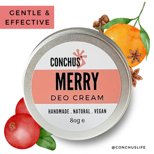 CONCHUS MERRY Deo Cream 80g tin with festive orange, spice and cranberry illustrations.