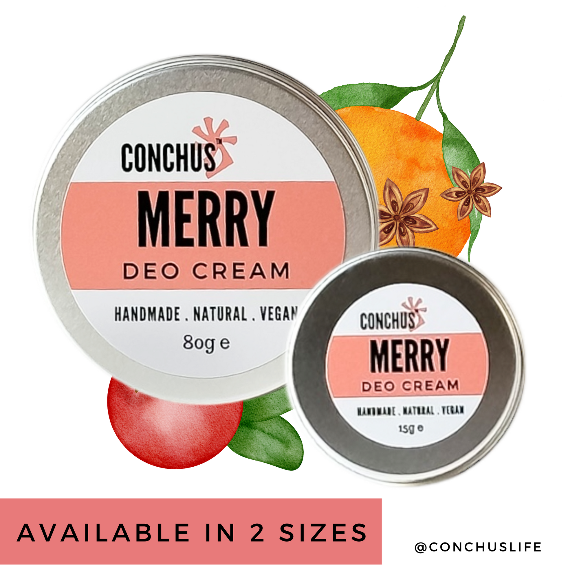 CONCHUS MERRY Deo Cream displayed in two sizes with festive botanical illustrations
