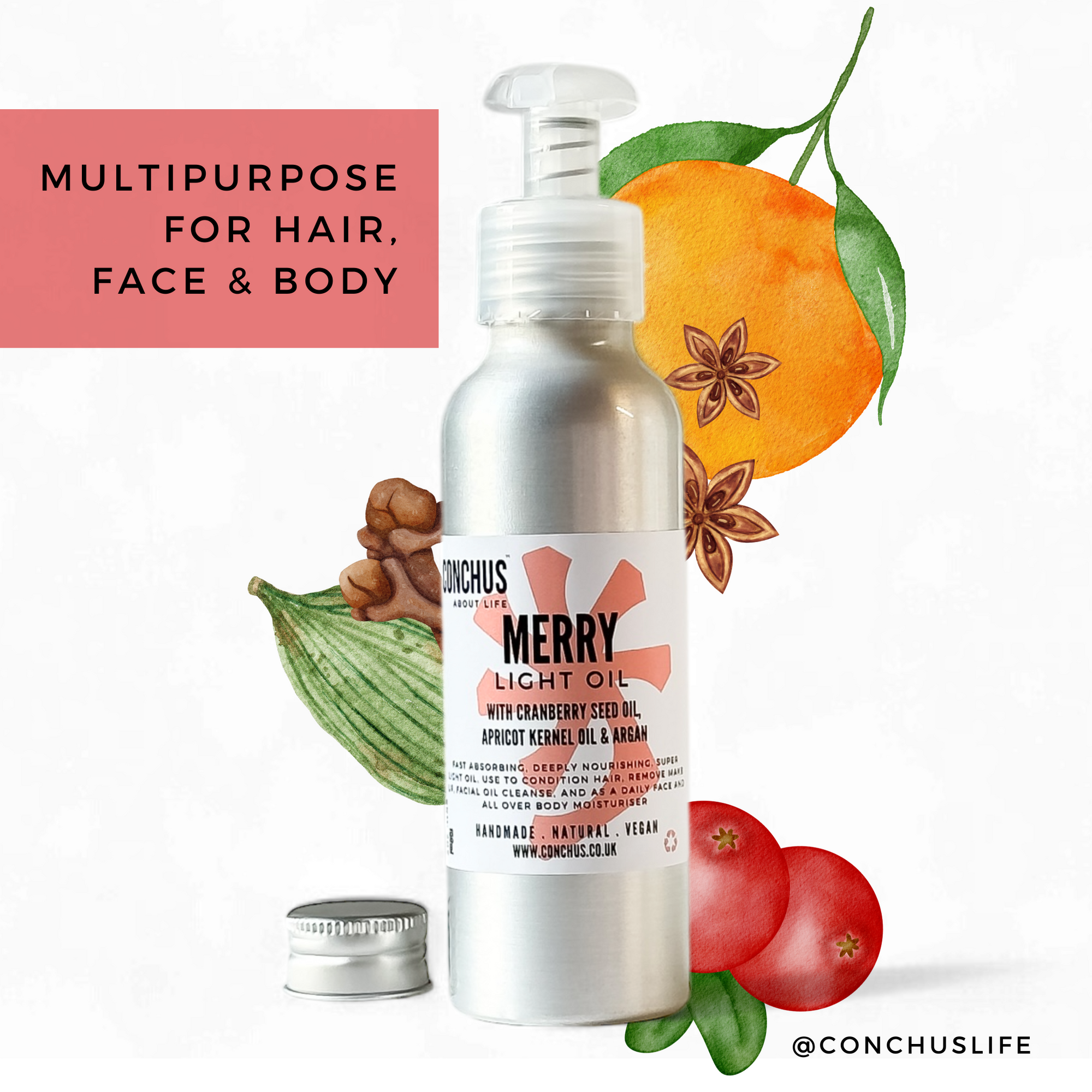A pump bottle labeled 'Merry Light Oil' for hair, face, and body, with a background of festive orange, spices and berries and a locking mechanism symbol, indicating its multi-purpose nature. 