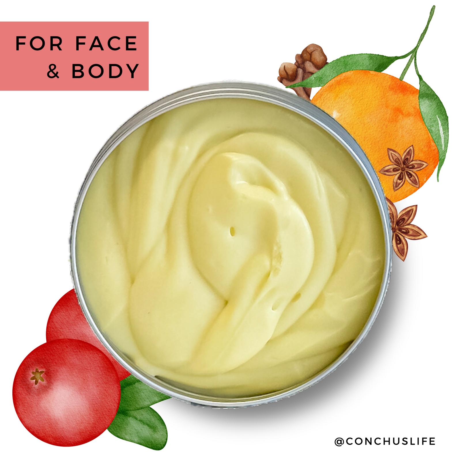 CONCHUS MERRY Body Butter 40g tin with festive orange, spice and cranberry illustrations for face and body.