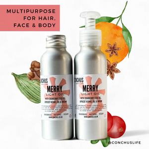Two bottles of CONCHUS MERRY Light Oil with festive botanical illustrations for hair, face and body. Vegan multi-purpose skincare oil in eco friendly aluminium bottle by CONCHUS
