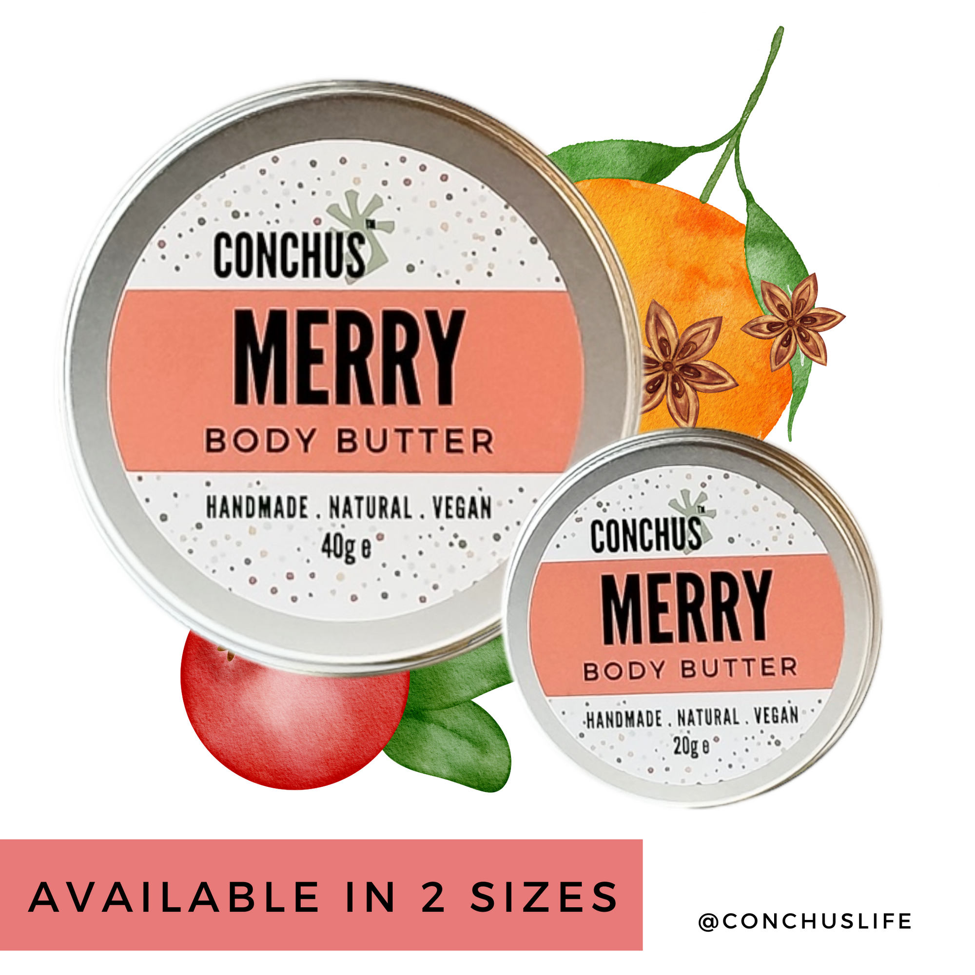 Two sizes of CONCHUS MERRY Body Butter tins displayed with festive botanical illustrations