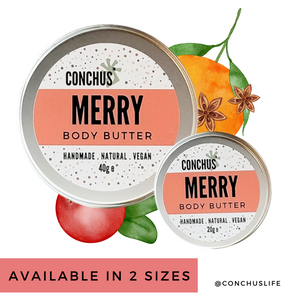 Two sizes of CONCHUS MERRY Body Butter tins displayed with festive botanical illustrations