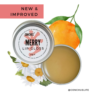 CONCHUS MERRY Lip Gloss tin and open gloss showing smooth balm texture with orange and chamomile illustrations