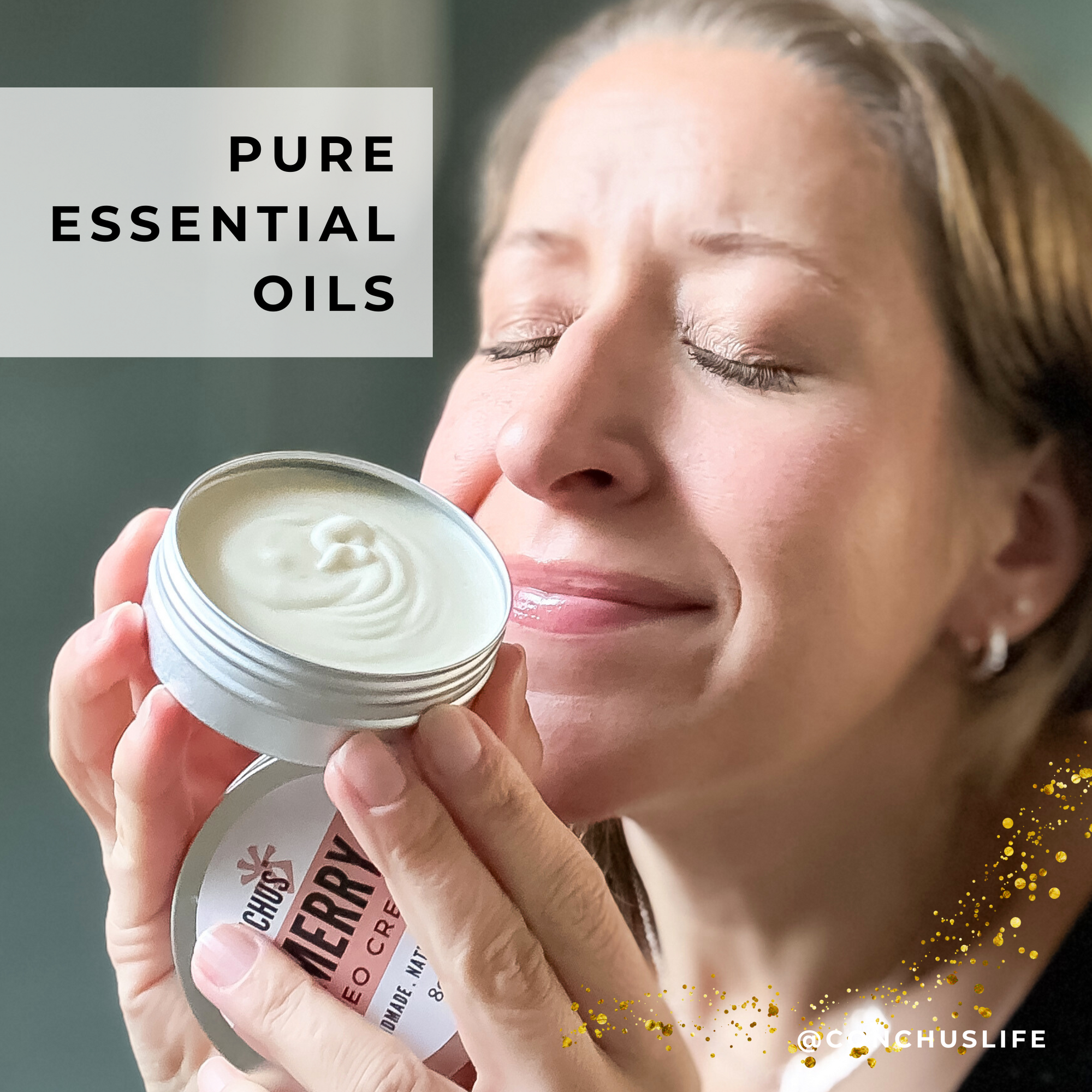 Person smelling CONCHUS MERRY Deo Cream to show warm festive essential oil scent.
