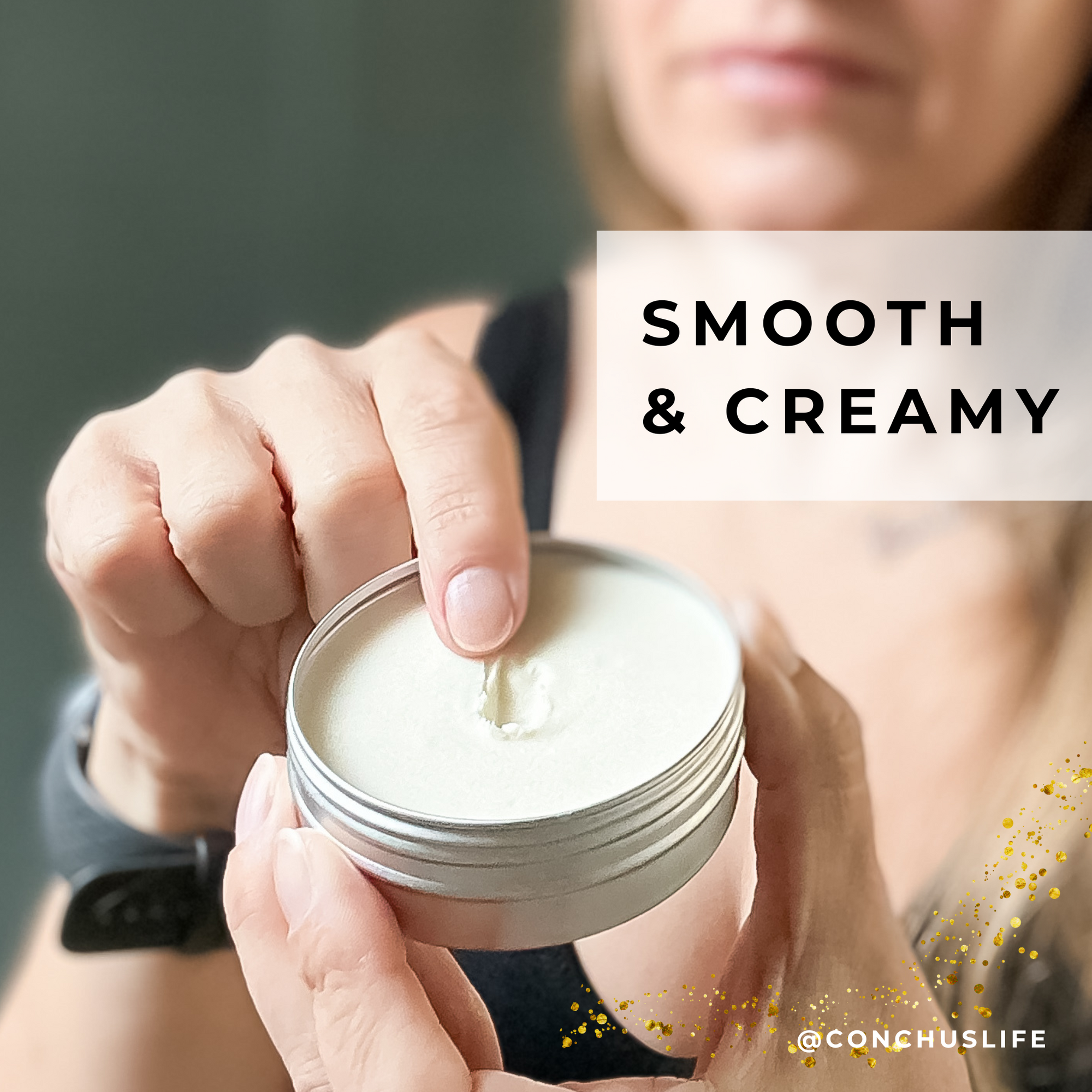 Open tin of CONCHUS MERRY Deo Cream showing smooth natural deodorant texture.