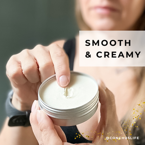 Open tin of CONCHUS MERRY Deo Cream showing smooth natural deodorant texture.