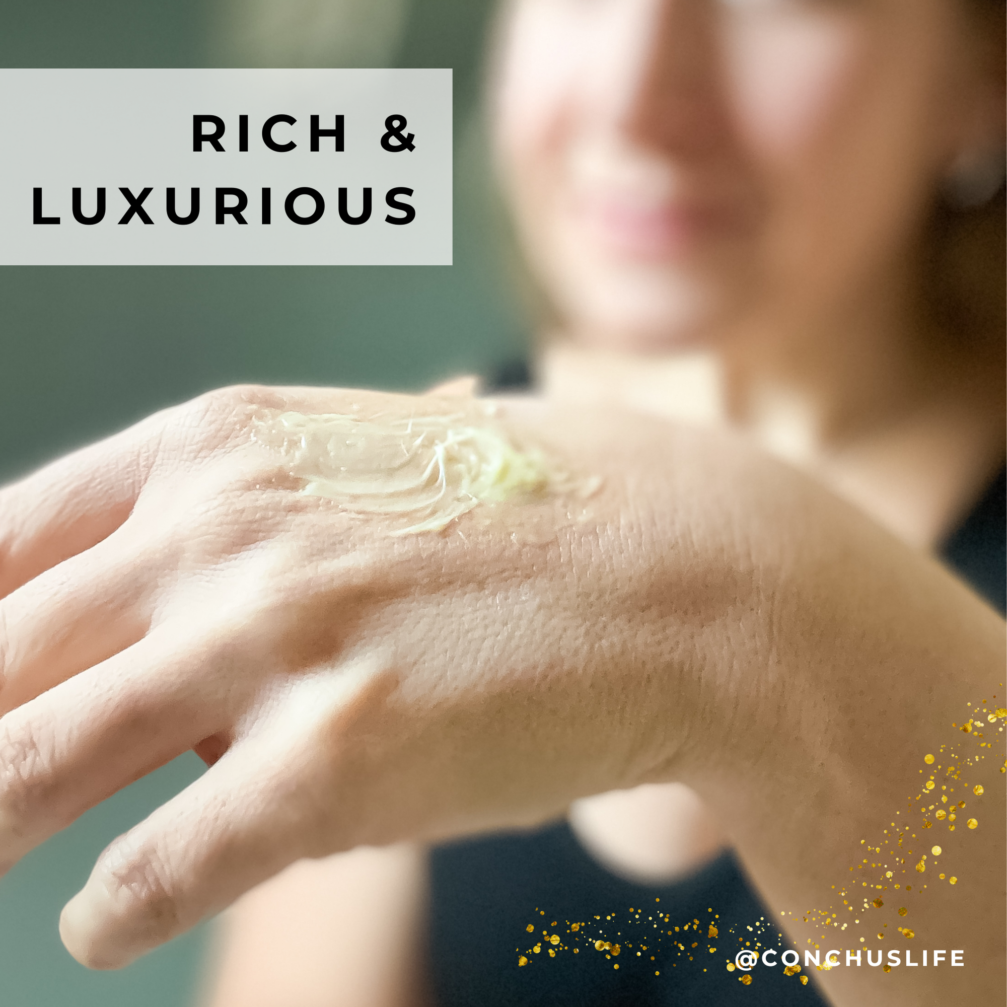 Person applying CONCHUS MERRY Body Butter to hand showing rich and luxurious texture
