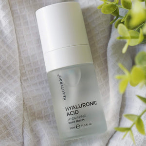 BEAUTYPRO Hyaluronic Acid Hydrating Serum lifestyle shot — plant-based vegan daily hydration serum UK