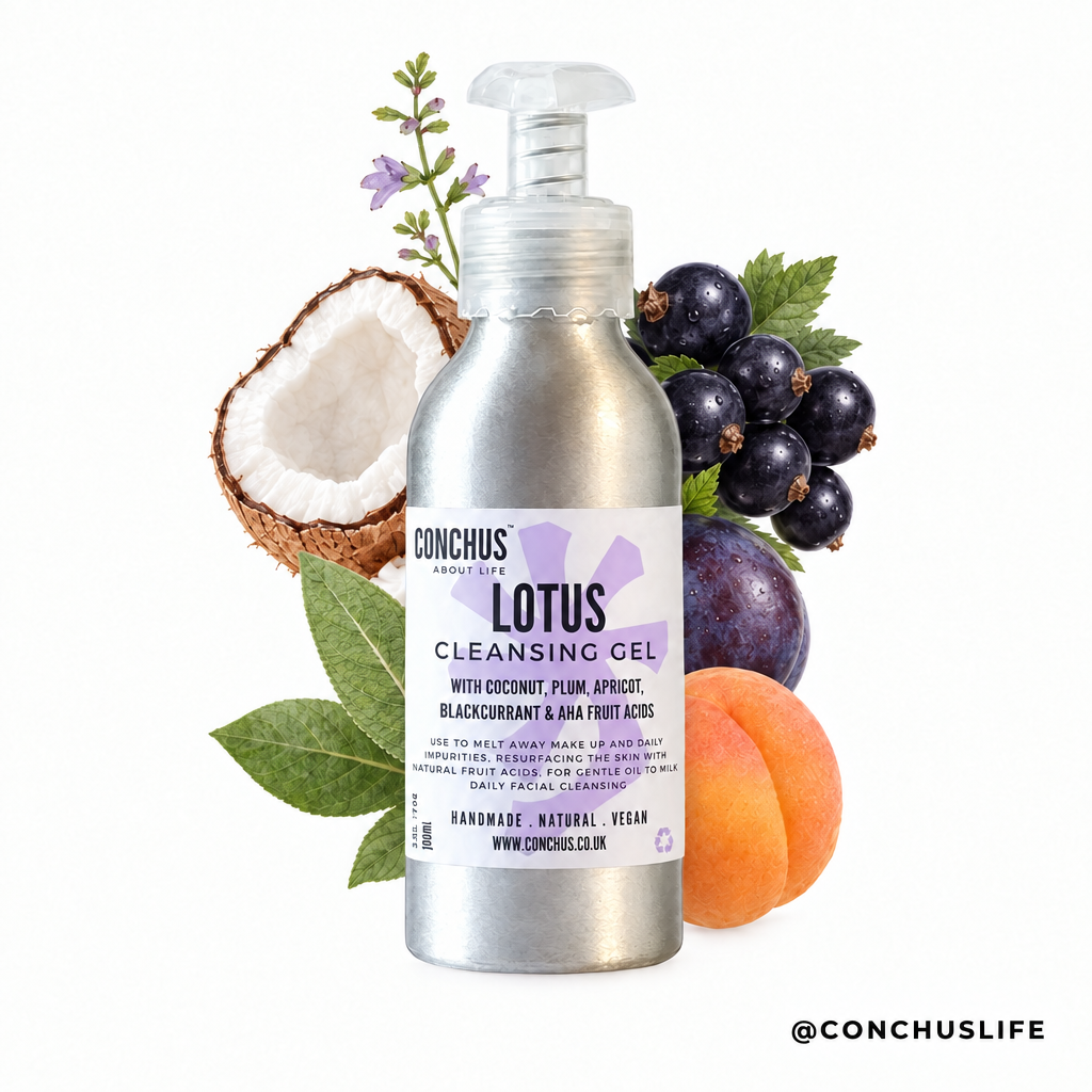 CONCHUS Lotus Cleansing Gel, a gentle vegan gel cleanser, styled with fresh fruit and lavender