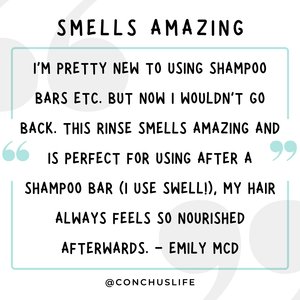 Customer review: Heavenly hair rinse leaves hair soft, nourished and balanced, perfect after a shampoo bar